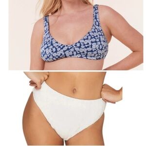 Andie Bikini Set Delray Top 90s High Waisted Bottom Bikini blue cream sz XS NWT